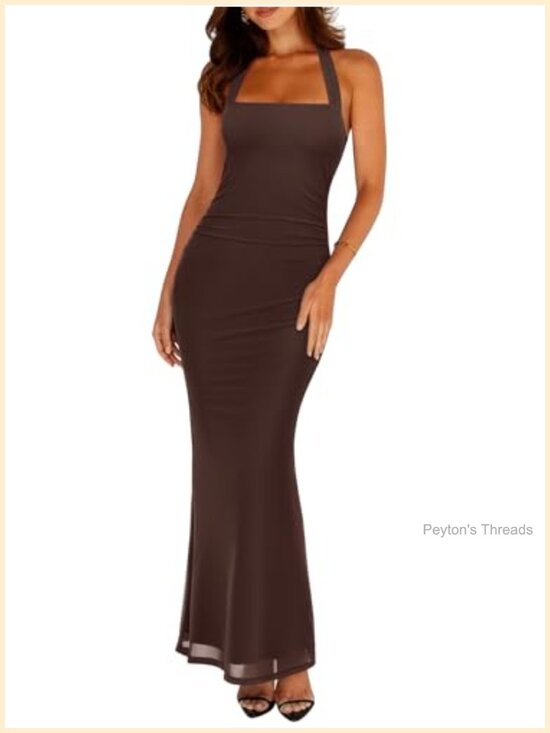 Dresses & Skirts - Sheer Mesh Sleeveless Maxi Dress Bodycon Square Neck Halter Tie Back